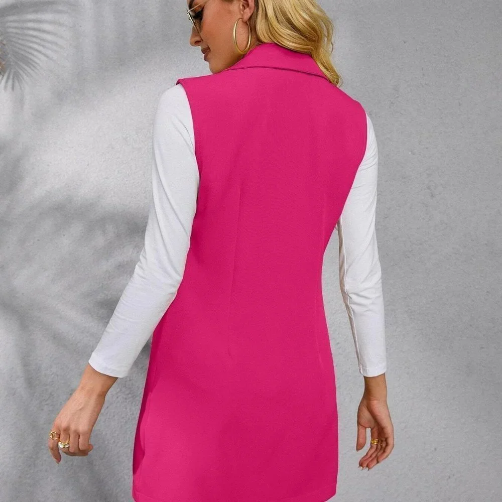 Hot Pink Preppy Womens Solid Lapel Collar Open Front Vest Blazer - Picture 2 of 5